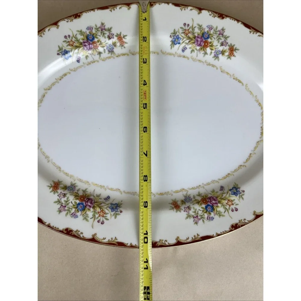 VTG Japanese T Marked Porcelain Platter 14x10.5” Floral Gold Trim Made‎ In Japan